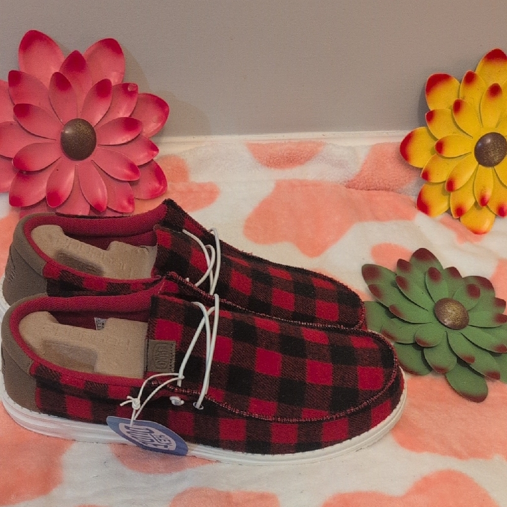 Hey Dude Men's Red and Black Checkered Loafers